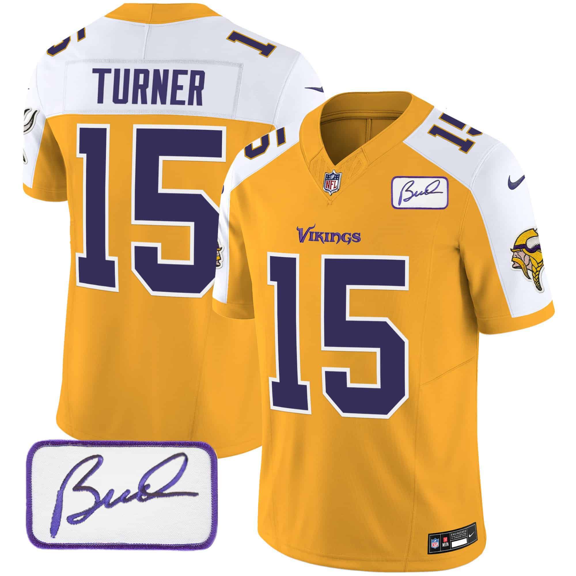 Men Minnesota Vikings #15 Turner Yellow 2024 Nike Bud Grant Patch Classic Limited NFL Jersey->indianapolis colts->NFL Jersey